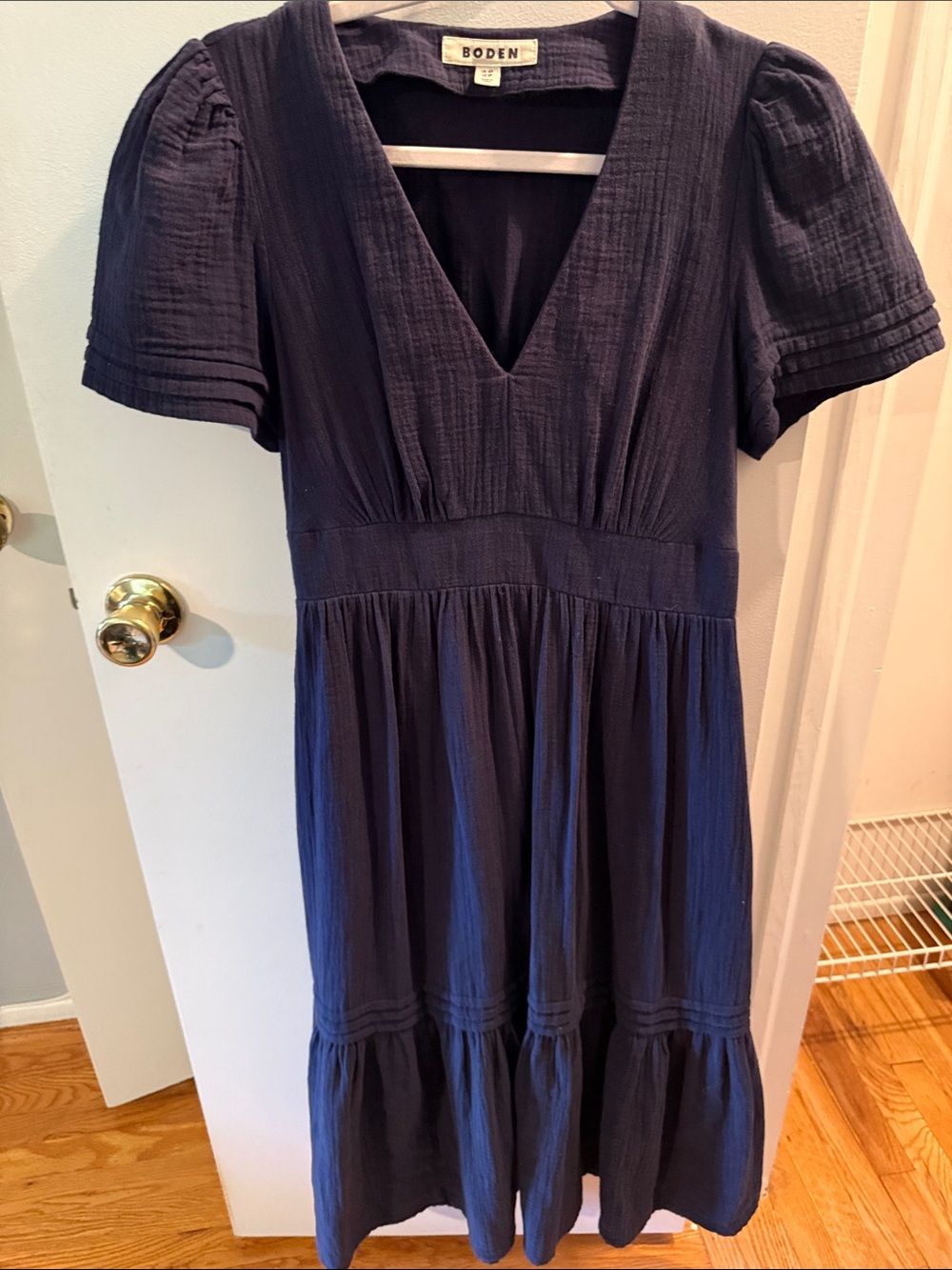 Boden Double Cloth Navy V-Neck Cotton Midi Dress